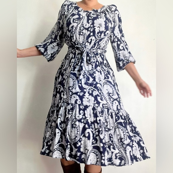 Fantastic Talbots Blue White Bohemian Dress High Low - Picture 2 of 8